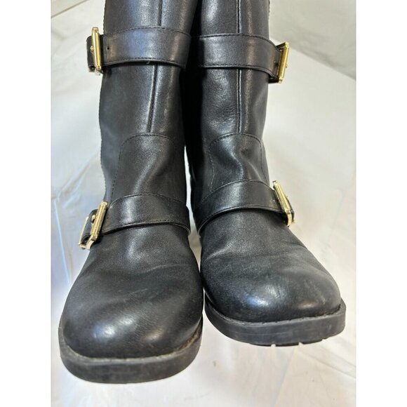 VINCE CAMUTO WILAMENA QUILTED BLACK LEATHER GOLD BUCKLES BIKER BOOTS Size 5.5 M - Picture 9 of 13